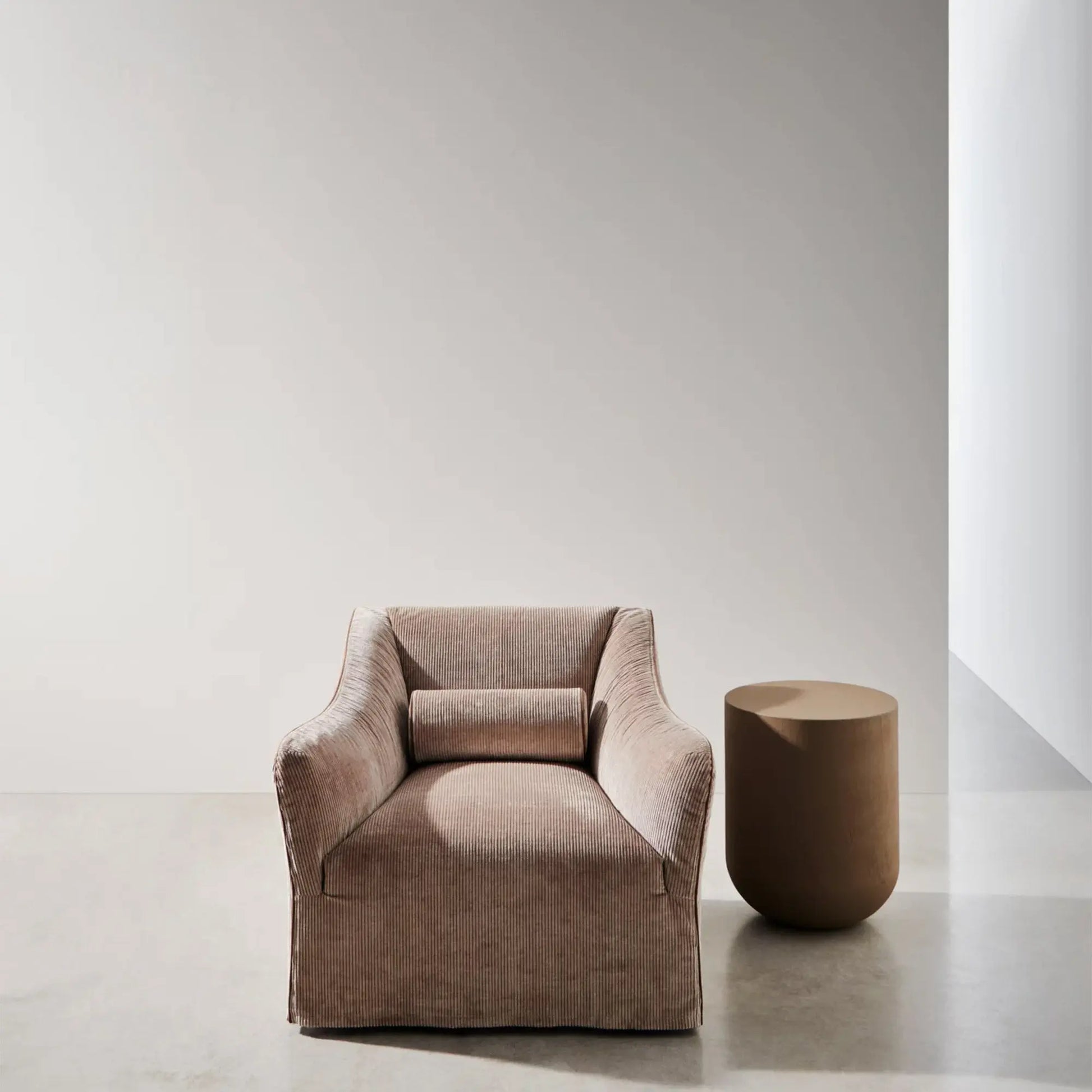 Gervasoni Saia 05 Armchair in corduroy (front view). Pictured with Gervasoni Heiko 41. Chairs USA.