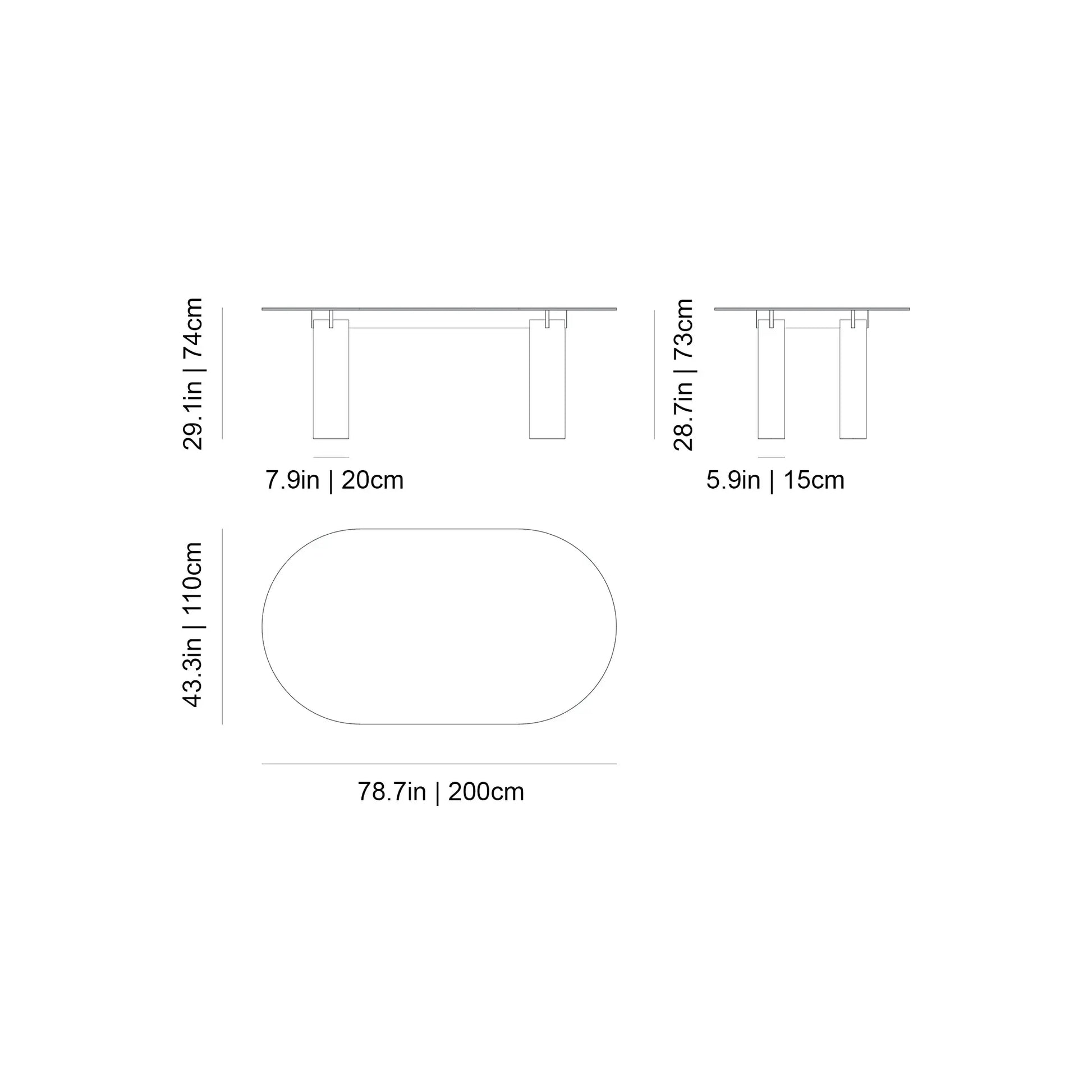 Gervasoni Daen 34 Oval Table Diagram with Dimensions in inches (in) and centimeters (cm). Tables USA. 