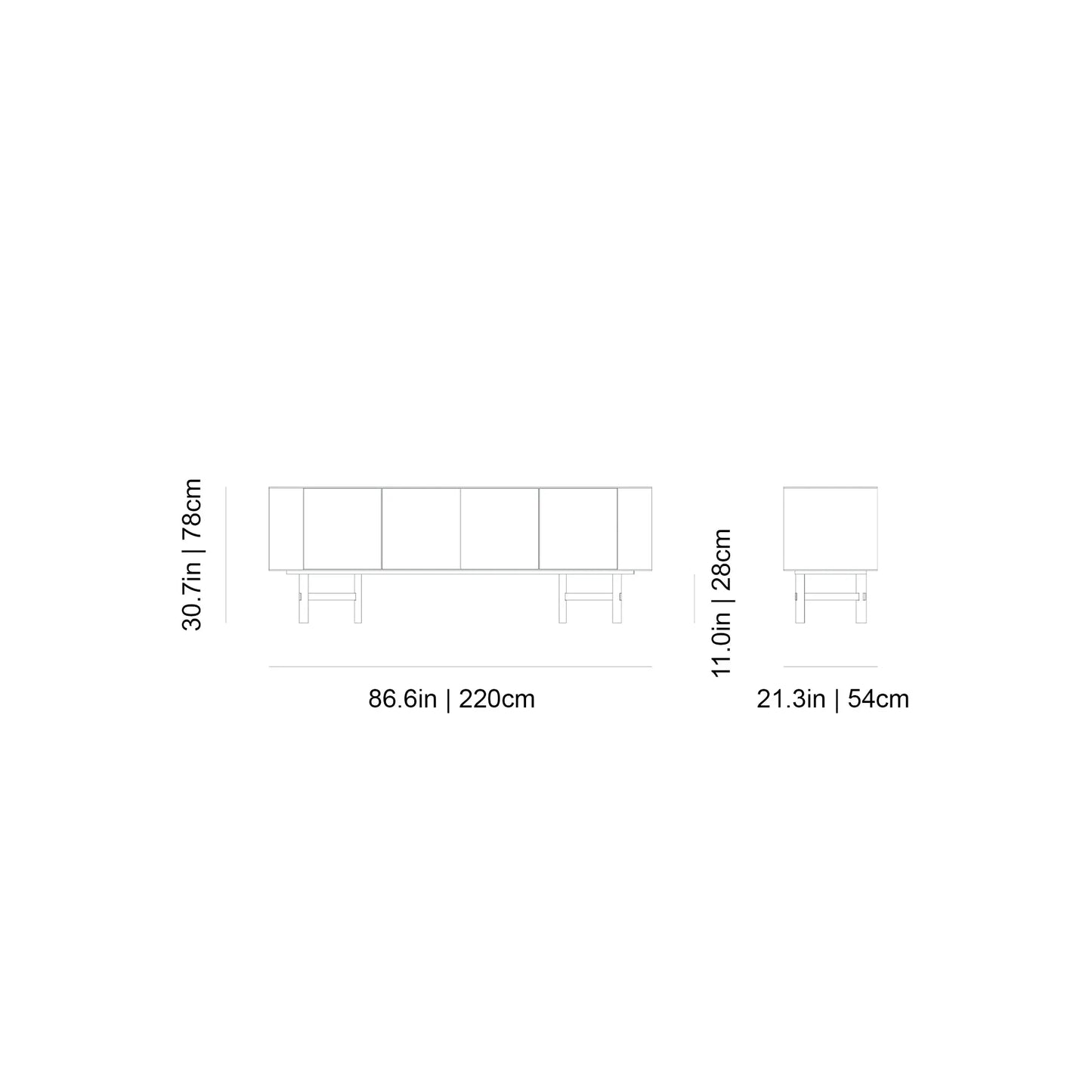 Gervasoni Daen 69  diagram with dimensions in inches (in.) Buffet Consoles USA.