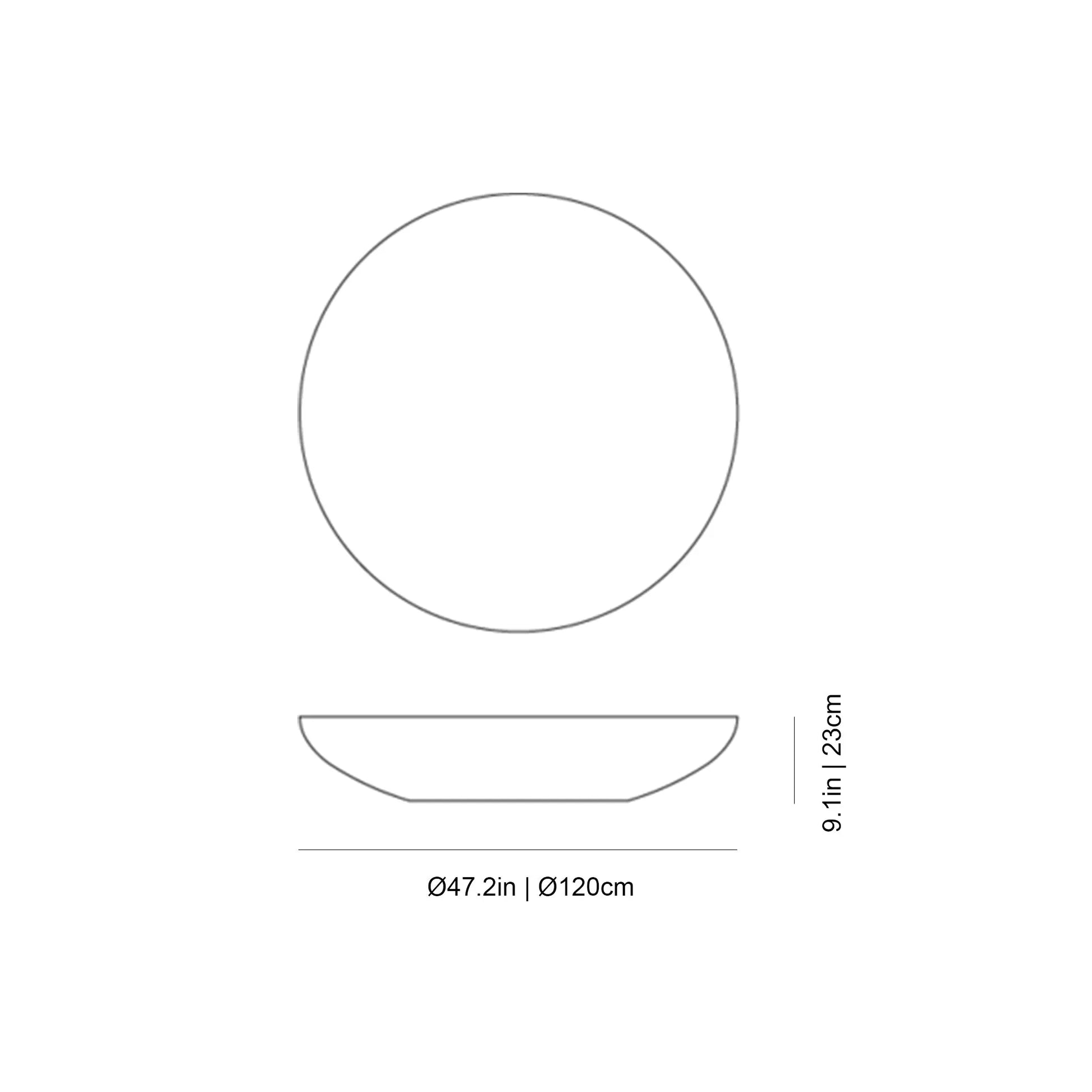 Gervasoni Heiko 44 Side Table Diagram with Dimensions in inches (in) and centimeters (cm). End Tables USA.